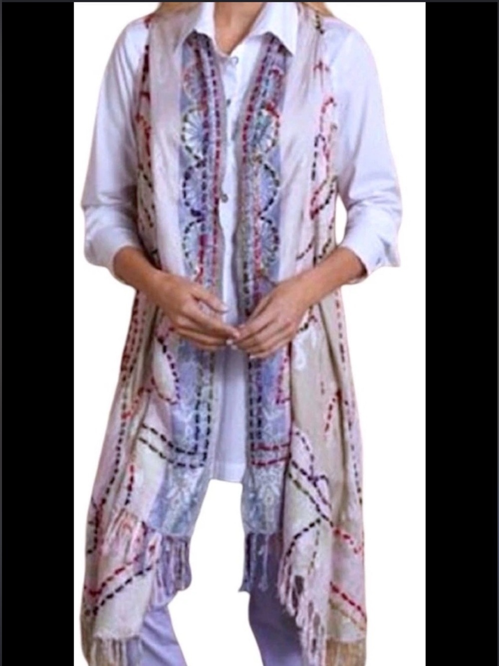 Soft Surroundings Blush Pink Multi Embroidered Fringe Boho Duster Vest Size OS